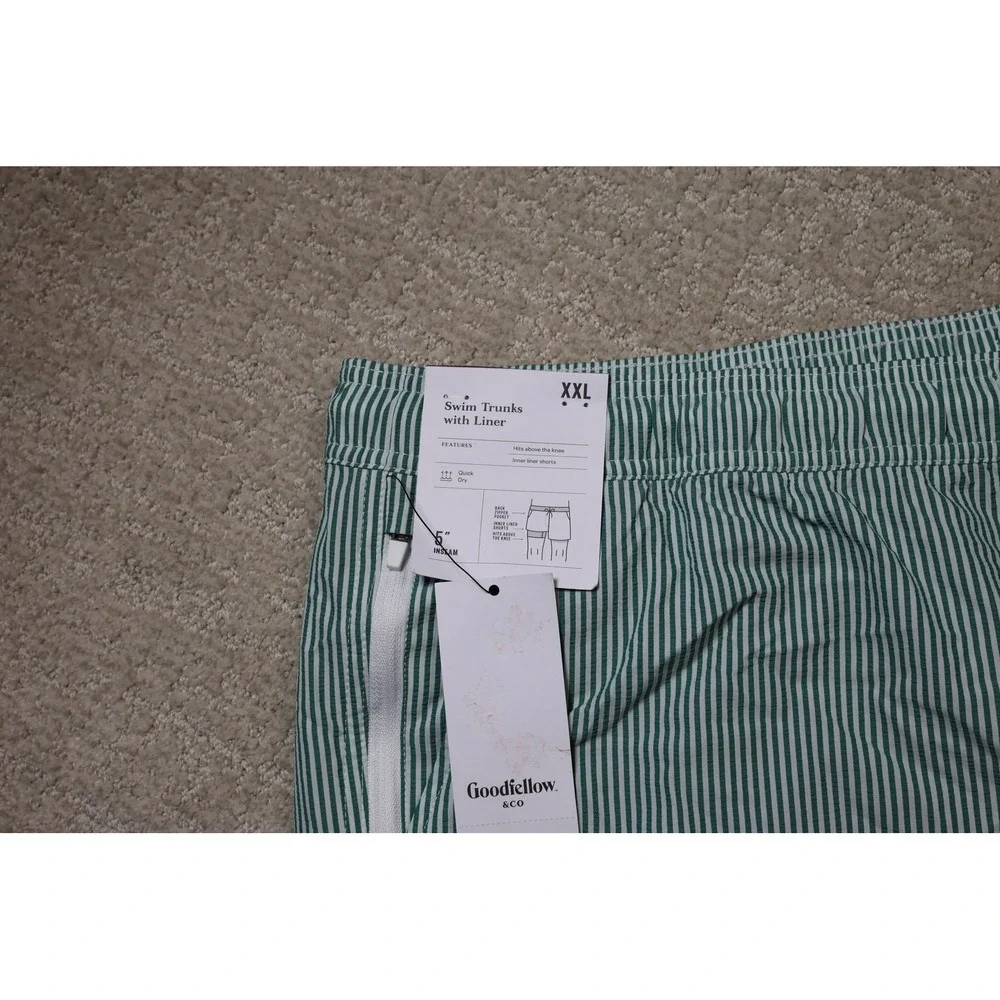 Goodfellow & Co Mens Green White Striped Swim Trunks 5 Inch Inseam XXL NWT